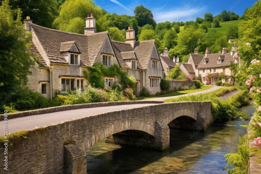 Naklejka premium Cotswolds village with traditional stone cottages and an ancient stone bridge crossing a calm river, surrounded by lush green hills and blooming flora on a sunny day