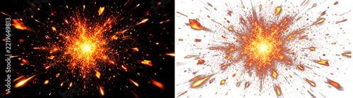 Cinematic fire explosion with glowing sparks and embers, dynamic orange fireball burst on black and white backgrounds, explosive fire effects