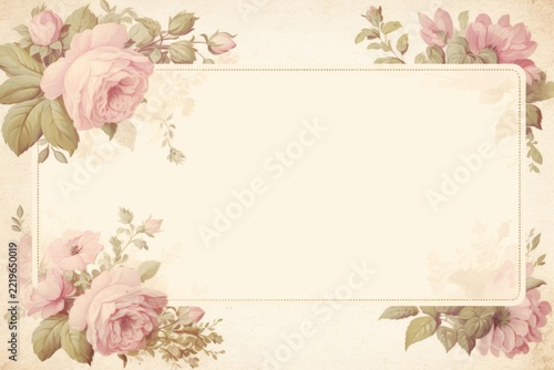 Floral frame with vintage pink roses and leaves creating an elegant border on aged paper, perfect for romantic invitations, greeting cards, or wedding event designs, offering space for custom text
