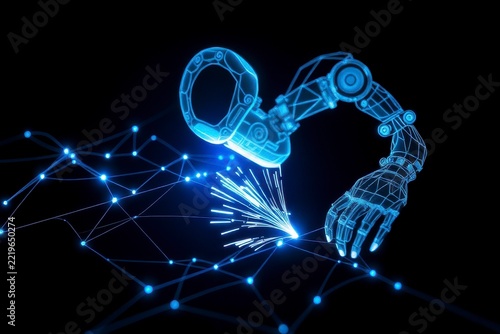 Futuristic robotic arm welding a digital network matrix