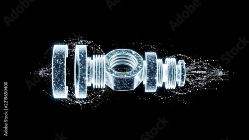 Futuristic hologram of a nut and bolt assembly on black background