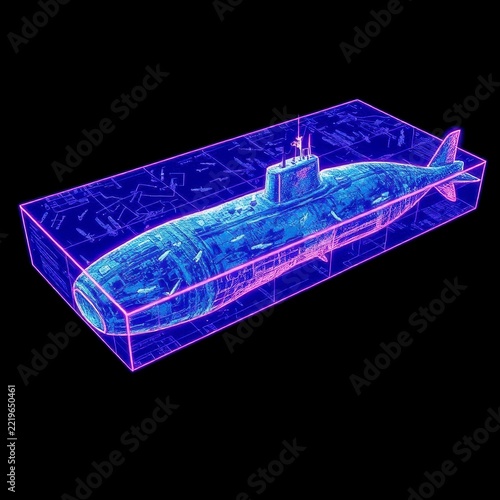 Futuristic submarine hologram in 3D wireframe outline