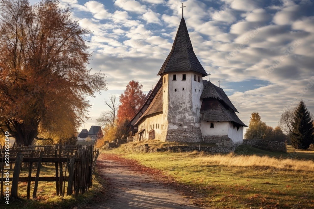 Fototapeta premium Ancient fortified church standing on a grassy hill beside a winding dirt road, surrounded by vibrant autumn foliage and a rustic wooden fence in a peaceful countryside setting under a dynamic sky