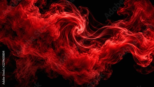 Rich crimson red smoke curling and swirling in flowing layered formations against a pure black background, creating a dramatic abstract visual effect with luminous red edges.