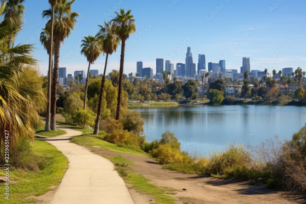 Naklejka premium Los angeles downtown skyline with modern skyscrapers reflecting over echo park lake, winding path with palm trees lining the shore under a clear california sky, urban oasis view