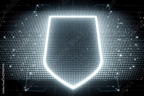 Digital cybersecurity shield icon on futuristic cyber background