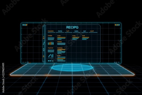 Futuristic HUD interface with data charts and graphs