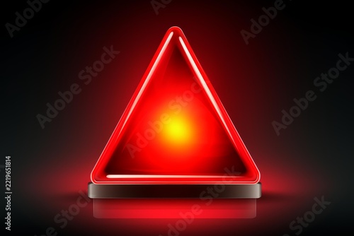 Red glowing triangular warning sign standing on a reflective surface, emphasizing a critical alert, danger, emergency, or important notification in a dark, atmospheric setting