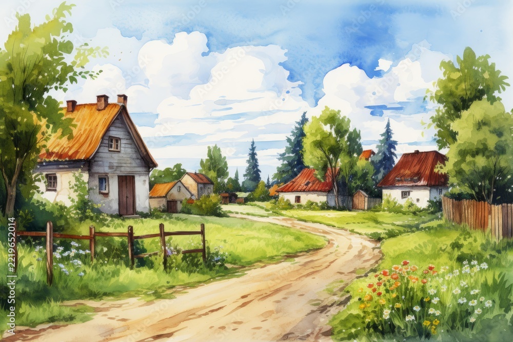 Fototapeta premium Watercolor landscape painting portraying a peaceful countryside village with old houses, lush green fields, flowering plants, and a winding pathway, evoking feelings of nostalgia and rural charm
