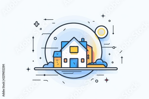 House structure standing on a platform, symbolizing real estate investment, property ownership, home buying, and residential building development, featuring modern flat line art design