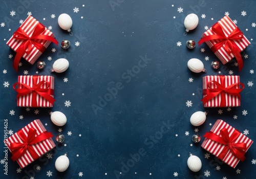 Floating gift boxes with snowflakes background