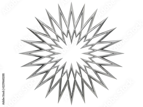 Geometric starburst design composed of sharp metallic lines radiating from a central point.