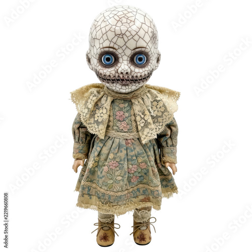Creepy doll with floral dress and cracked skull head