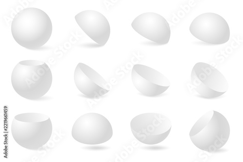 Sphere and Hemisphere Geometric Shapes Collection in Different Angles, White 3D Objects