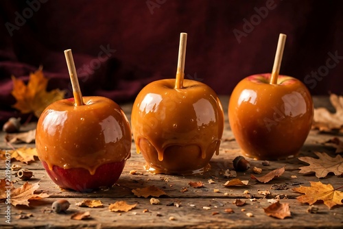 Three delicious caramel apples on a rustic wooden table