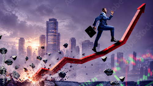 A businessman climbs a rising arrow, symbolizing market growth and financial success.