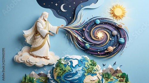 Creation of the world paper art concept with God creating universe and earth