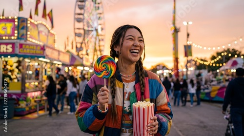 Joyful young woman laughing at a bustling evening amusement park holding a giant colorful lollipop and popcorn