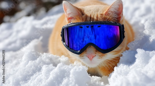 Ginger cat wearing blue ski goggles in snow close-up