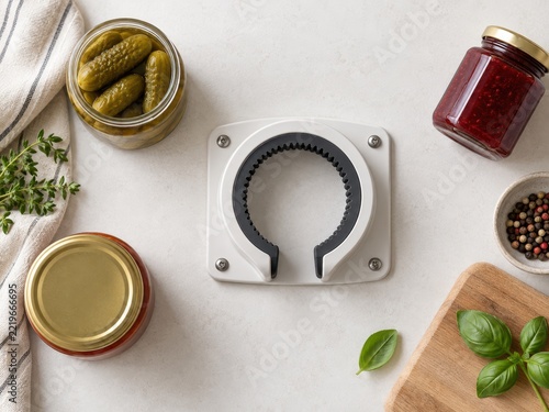 Fixed Jar Opener Surrounded by Glass Food Jars and Kitchen Ingredients Flat Lay