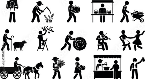 Fotografie Set of stick figure icons representing farm life, agriculture, harvesting, and r