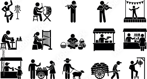 Fotografie Set of icons representing traditional crafts, street markets, and cultural activ