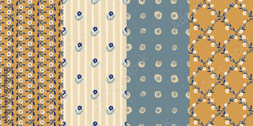 Set of linocut and block print seamless patterns featuring rustic floral motifs, stripes, and dots in mustard yellow, cream, and dusty blue.