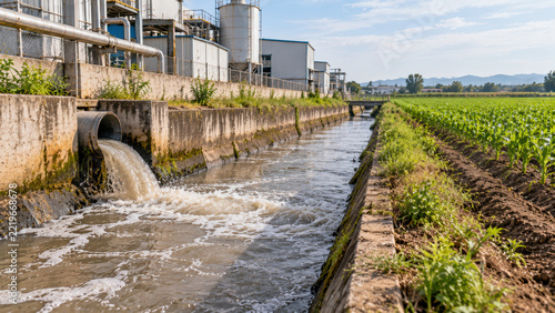 Industrial wastewater pollution near farm canal with factory pipe discharge and green field