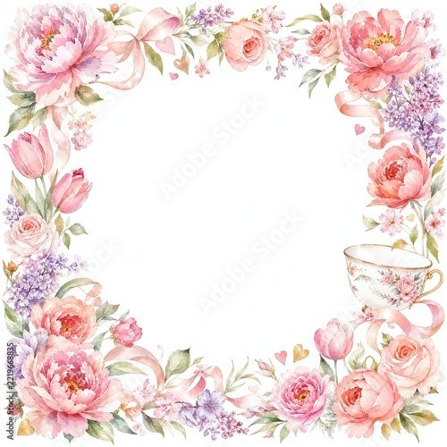 Mothers Day Watercolor Frame Of Peonies And Roses With Lush Corners