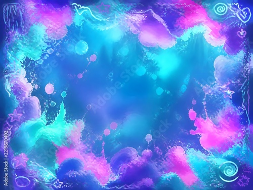 border pastel doodle Art vapor. Color explosion. Underwater neon cloud splash turquoise purple violet blur mix