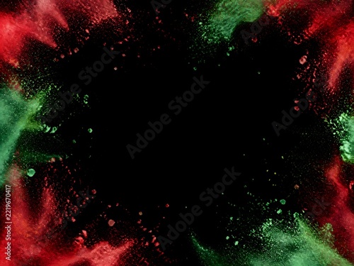 border pastel doodle Red green powder explosion cloud on black background