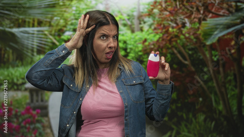 Fotografie Middle aged hispanic woman holding pink toothpaste bottle, hand to head for toothache in forest setting with garden path visible; annoyance hesitation