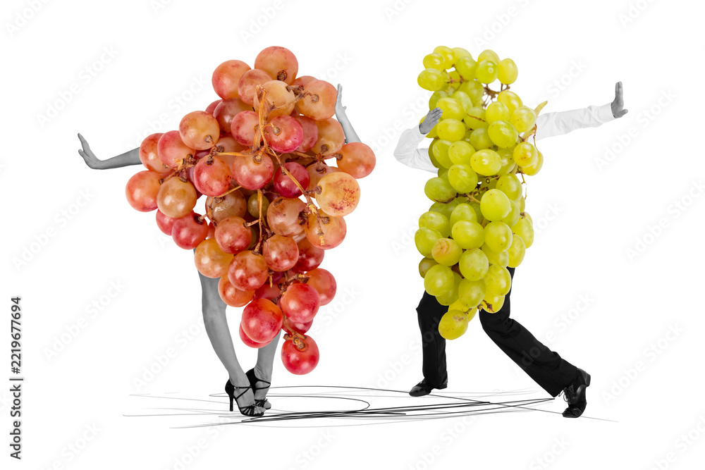 Fototapeta premium Composite zine pop trend collage of anonym girl guy instead body grape berries branch sweet dessert dance grocery nutrition