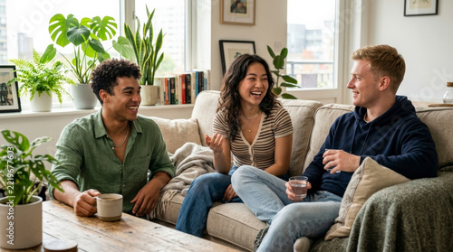 Drei junge, diverse Freunde sitzen lachend und plaudernd mit Getränken auf einem Sofa in einem gemütlichen, hellen Wohnzimmer mit vielen Zimmerpflanzen.