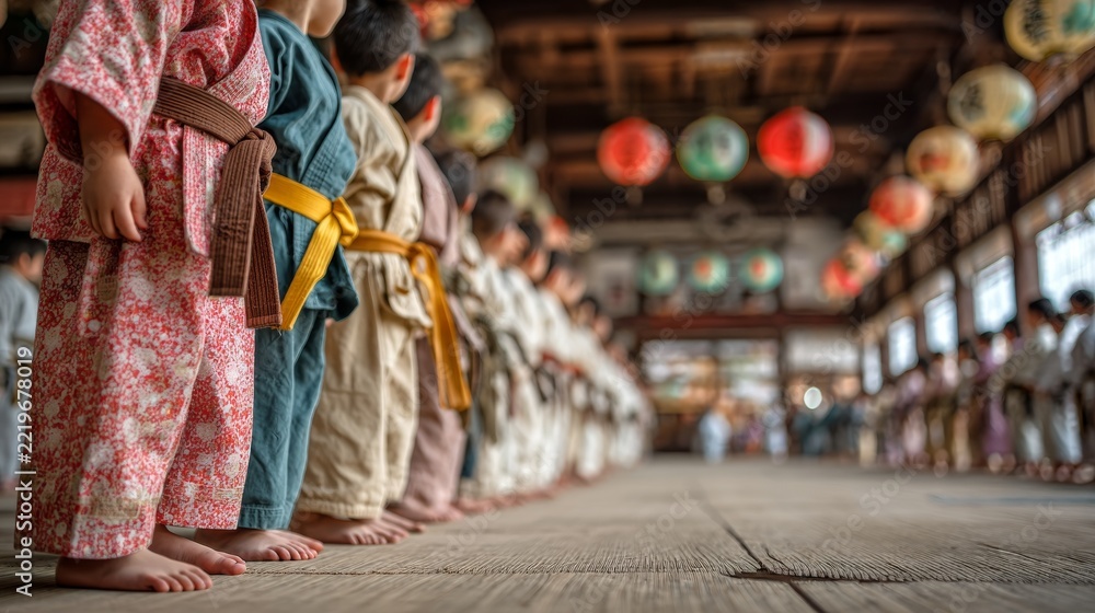 Obraz premium A low angle view of children in traditional robes standing in a line on a wooden floor with lanterns in the background.