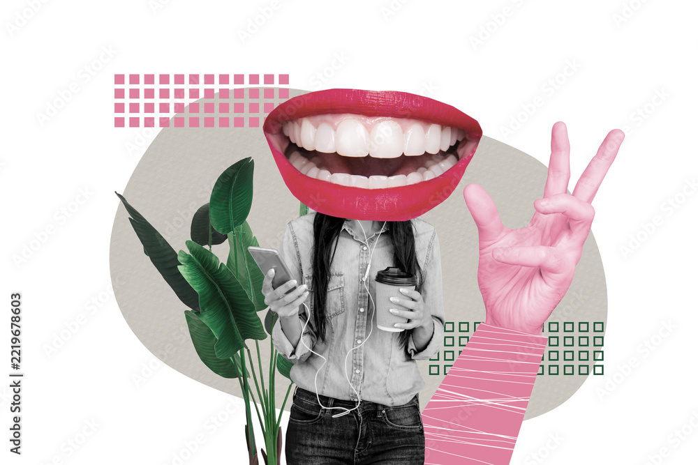 Fototapeta premium Trend artwork sketch collage of head speak rumor lips fragment face woman body stand listen music headphones smartphone hand gesture catch