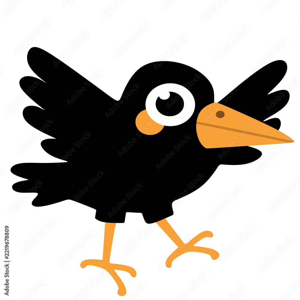 Fototapeta premium Black cartoon crow stands alert with wings slightly spread