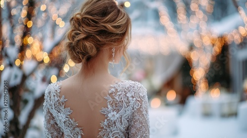 beautiful bride in wedding dress in snowy romantic winter landscape