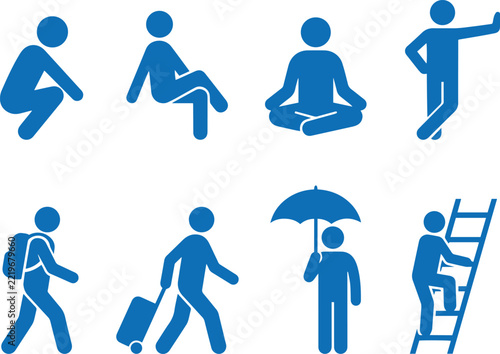 Blue human pictogram set depicting various activities on a white background