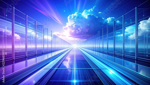 Futuristic blue and purple glass data pathway with transparent digital technology layers and glowing clouds, ideal for AI network connection, software innovation, and cloud computing concepts.
