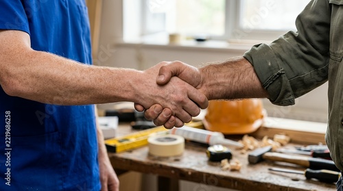 Professional handshake between carpenter and client, construction worker agreement in workshop, manual labor partnership and deal