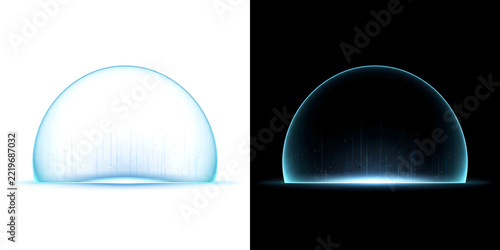 Energy dome with a glowing blue edge and vertical light streaks rising from a bright base for futuristic security designs in PNG, Transparent and Black Background Versions