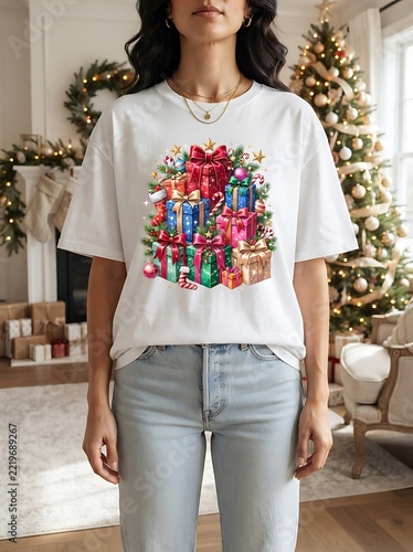 Woman wearing white t-shirt with a colorful stack of wrapped christmas presents graphic print gift boxes holiday t shirt present graphic holiday apparel casual wear seasonal clothing gift wrap