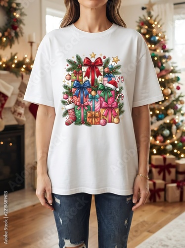 Woman wearing white t-shirt with christmas presents and bow graphic holiday apparel gift print graphic tee christmas design winter fashion presents illustration casual outfit t shirt mockup