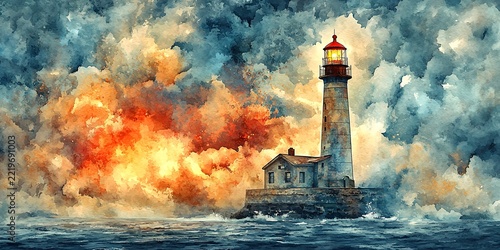 Majestic lighthouse standing proudly in the ocean surrounded by a dramatic sky in watercolor