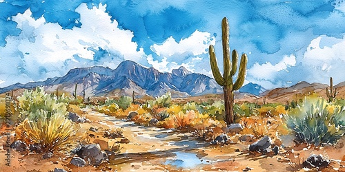 Expansive desert landscape featuring saguaro cactus and majestic mountains under a clear sky