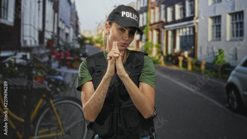 Obraz na plátně Woman police officer shushing with finger to lips on a street, wearing tactical vest and visible handcuffs; hush seriousness