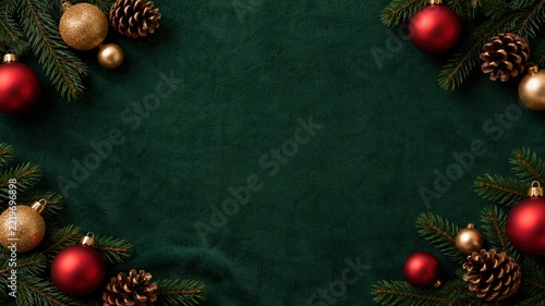 Festive Christmas Decoration Frame with Ornaments and Pine Cones on Green Fabric Background
