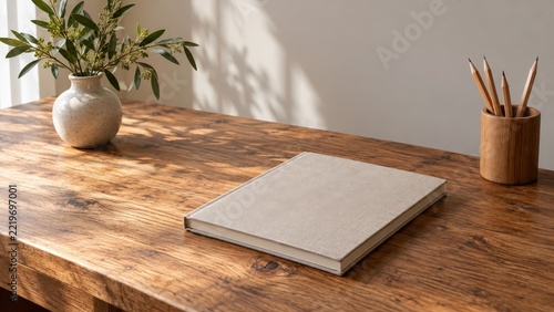 Minimalist Wooden Desk with Potted Plant Notebook and Pencil Holder
