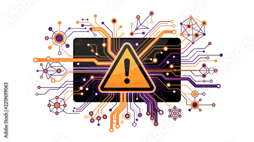 Digital circuit board with a prominent warning sign indicating a system error or cybersecurity threat, surrounded by intricate technological connections.